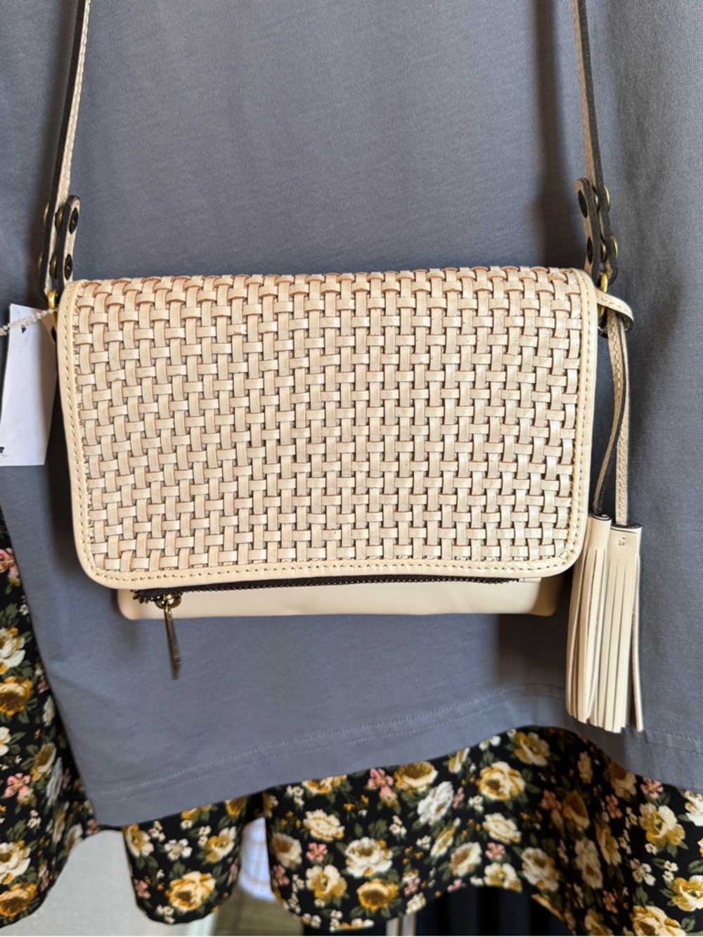 Patricia Nash Corfu Cream Woven Leather Crossbody with Tassel